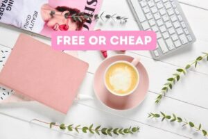 coffee, magazine, and keyboard with text: things you can get free or cheap