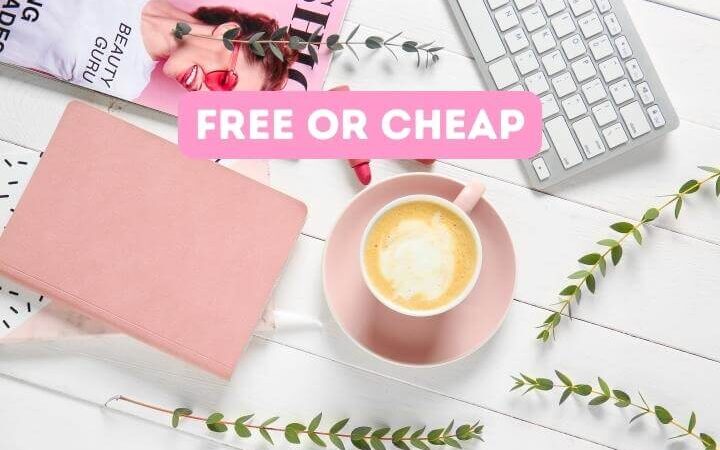 coffee, magazine, and keyboard with text: things you can get free or cheap