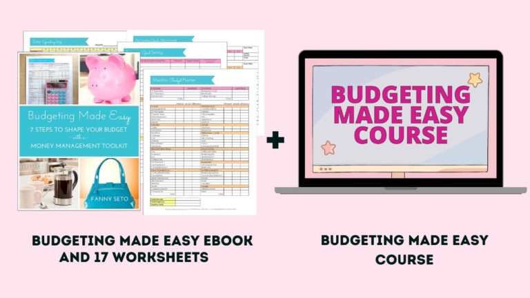 Budgeting Made Easy ebook and worksheets and laptop screen with text: Budgeting Made Easy Course