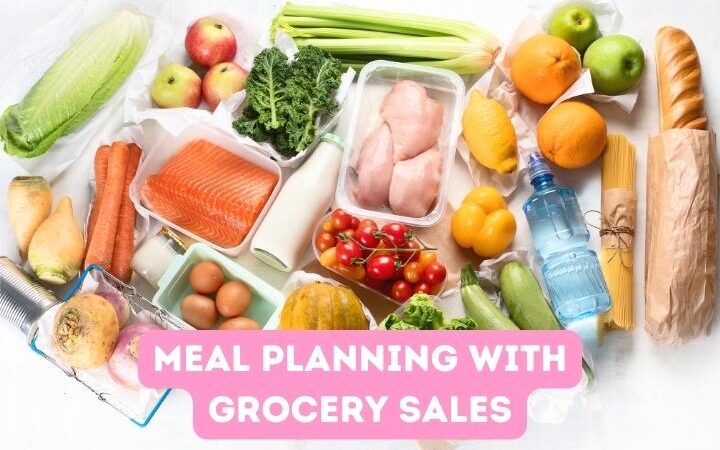 groceries - raw chicken, salmon in package, celery, tomatoes, and bottled water on white table