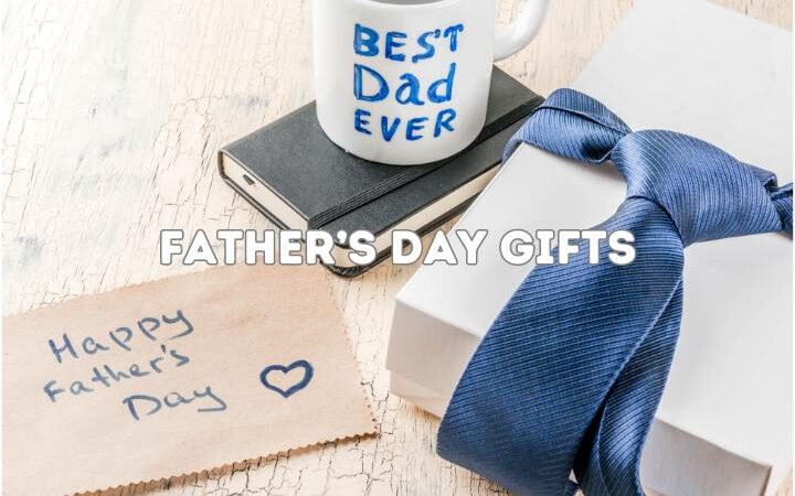 gift box with bow tie tied around it, best dad ever cup on a book, happy fathers day note