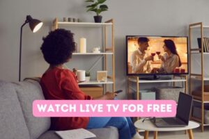 back of woman on couch watching TV with a couple holding wine glasses