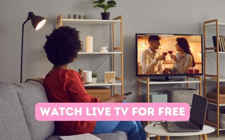 back of woman on couch watching TV with a couple holding wine glasses