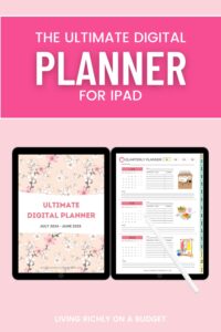 Text: The Ultimate Digital Planner for iPad, Image: 2 iPads showing the cover of Ultimate Digital Planner and the other showing the quarterly planner