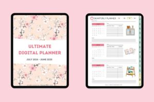 2 iPad screens showing Ultimate Digital Planner July 2024 - June 2025 with a Quarterly Planner on a pink background