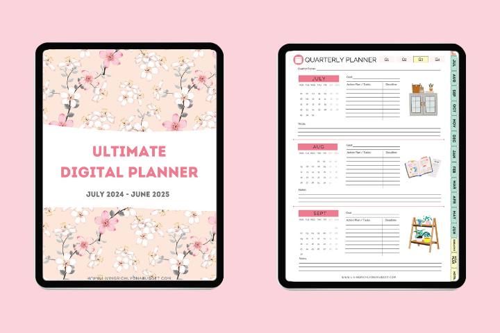 2 iPad screens showing Ultimate Digital Planner July 2024 - June 2025 with a Quarterly Planner on a pink background