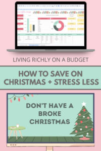 Image: laptop with Christmas budget spreadsheet, text: Living Richly on a Budget, How to Save on Christmas and Stress Less, Image: monitor with Don't Have a Broke Christmas text and Christmas tree and table