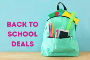 Text: back to school deals, Image, aqua color backpack with colored pencils, phone, pens, ruler, phone and folders sticking out