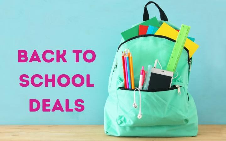 Text: back to school deals, Image, aqua color backpack with colored pencils, phone, pens, ruler, phone and folders sticking out