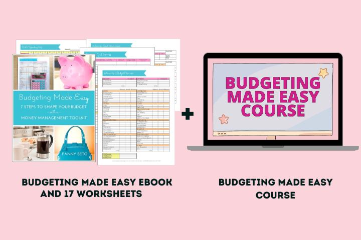 Budgeting Made Easy ebook and 17 worksheets and Course on pink background