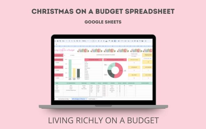 Christmas on a Budget Spreadsheet Google Sheets, Living Richly on a Budget, Image: laptop with Christmas spreadsheet