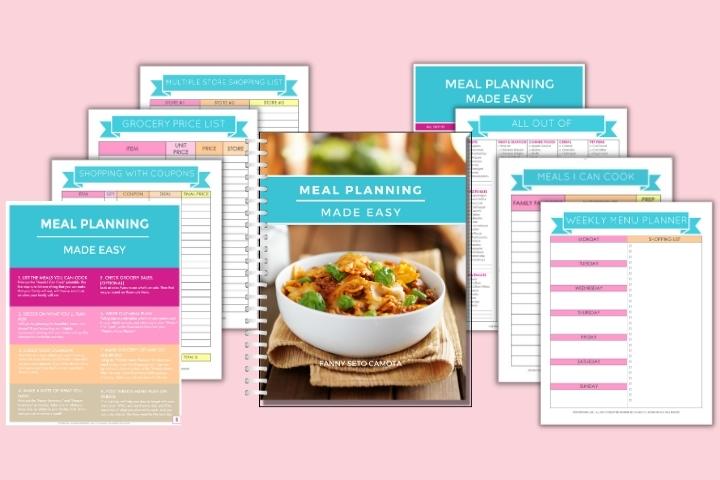 Meal Planning Made Easy ebook with worksheets on pink background