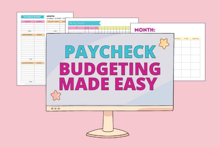 Computer Monitor with Paycheck Budgeting Made Easy course, 3 budget worksheets behind it