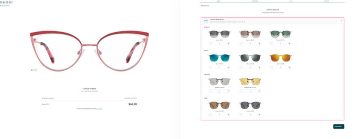 zenni cat eye glasses on left, on right: clip on sunglasses options