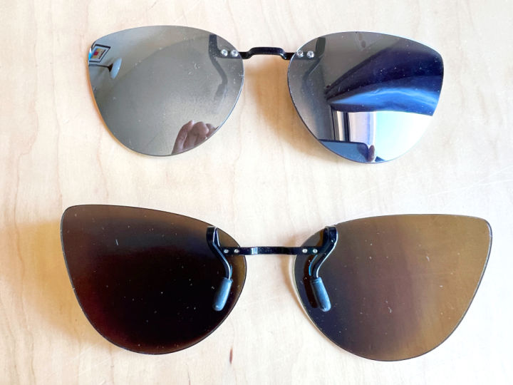 cli on sunglasses front and back, back has plastic rubber hooks