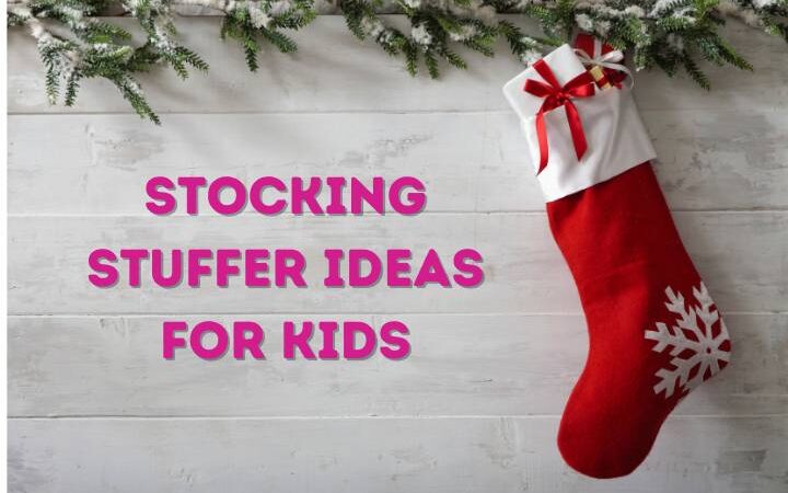 Text: Stocking Stuffer Ideas for Kids, Image: One red stocking hanging under holly garland