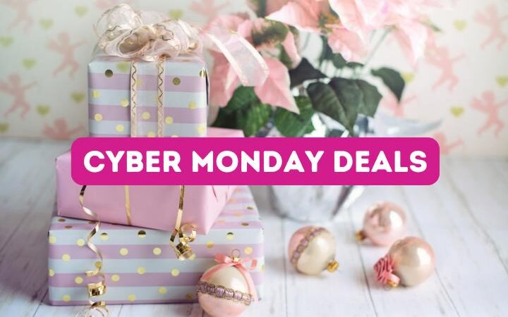 text: cyber monday deals, image: pastel pink and gold wrapped gift boxes, ornaments and flowers in apot on a table