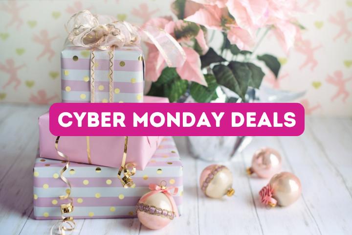 text: cyber monday deals, image: pastel pink and gold wrapped gift boxes, ornaments and flowers in apot on a table