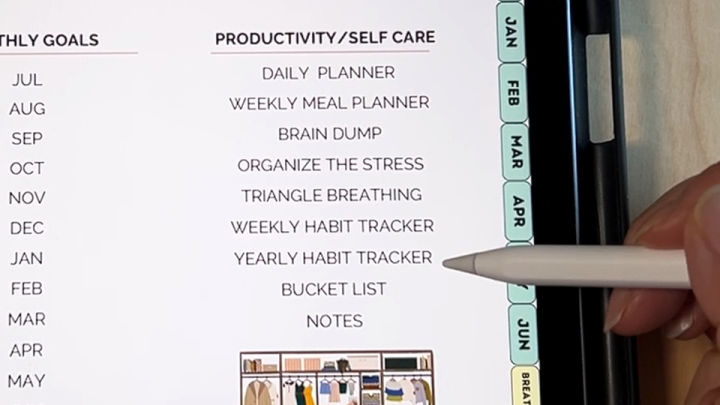 Image: digital planner for ipad, productivity and self-care section with apple pencil on ipad