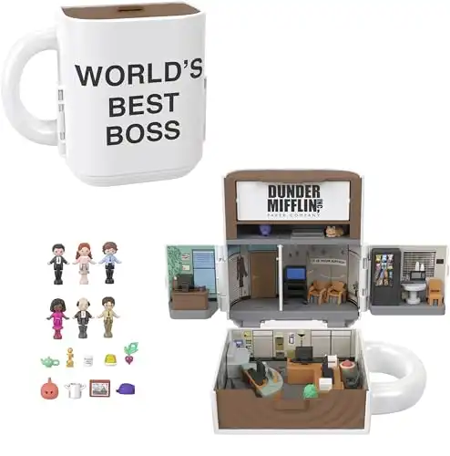 Polly Pocket x The Office Compact Playset 6 Character Dolls and 9 Accessories, Collectible Toy, Coffee Mug Exterior