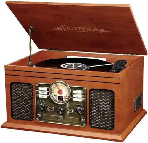 Victrola Nostalgic 6-in-1 Bluetooth Record Player & Multimedia Center with Built-in Speakers - 3-Speed Turntable, CD & Cassette Player, FM Radio