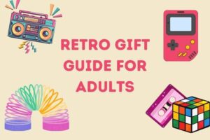 Text: retro gift guide for adults, image: gameboy, boombox, slinky, cassette, and rubix cube