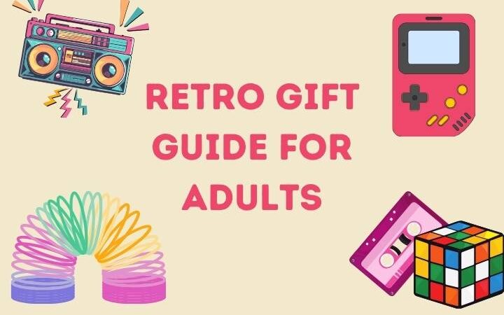 Text: retro gift guide for adults, image: gameboy, boombox, slinky, cassette, and rubix cube